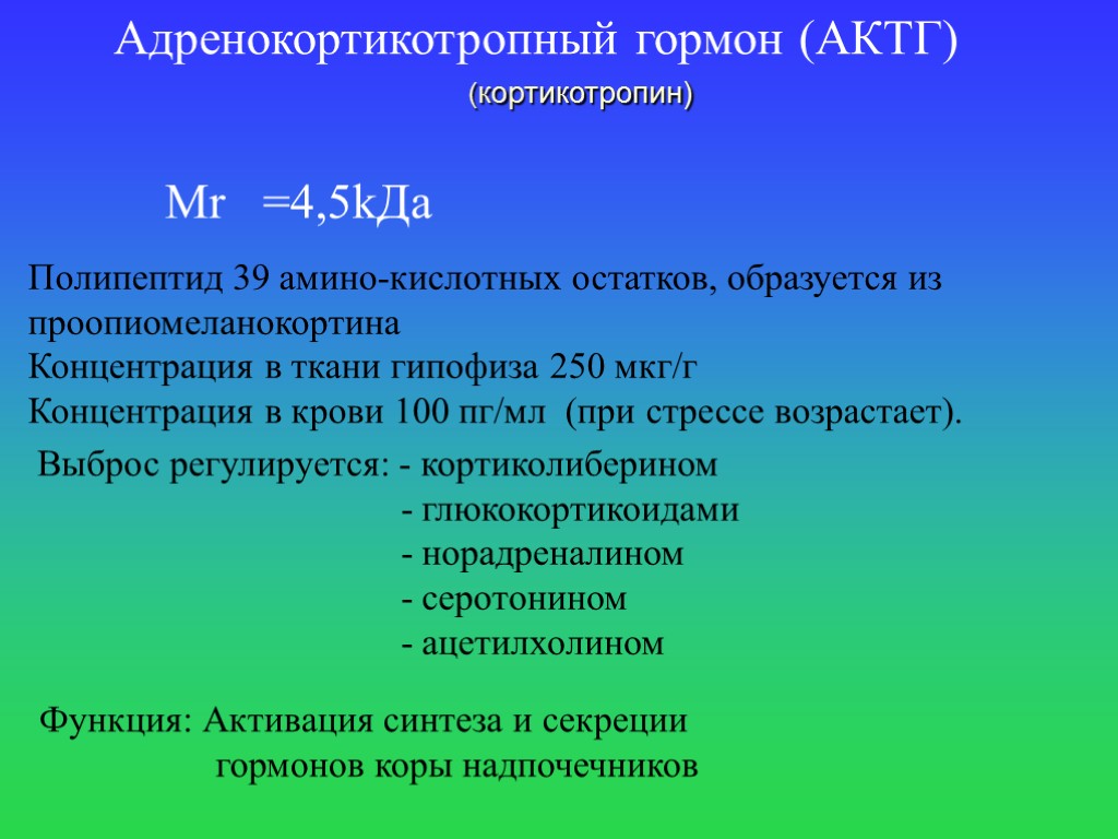 Адренокортикотропный гормон (АКТГ) Mr =4,5kДа Полипептид 39 амино-кислотных остатков, образуется из проопиомеланокортина Концентрация в